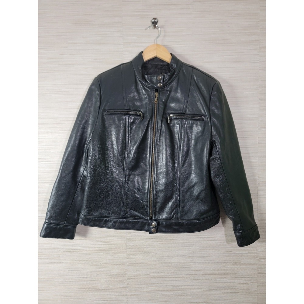 Lana Fashions Women's Leather Moto Jacket Black Zip Snap USA Quilted Lined